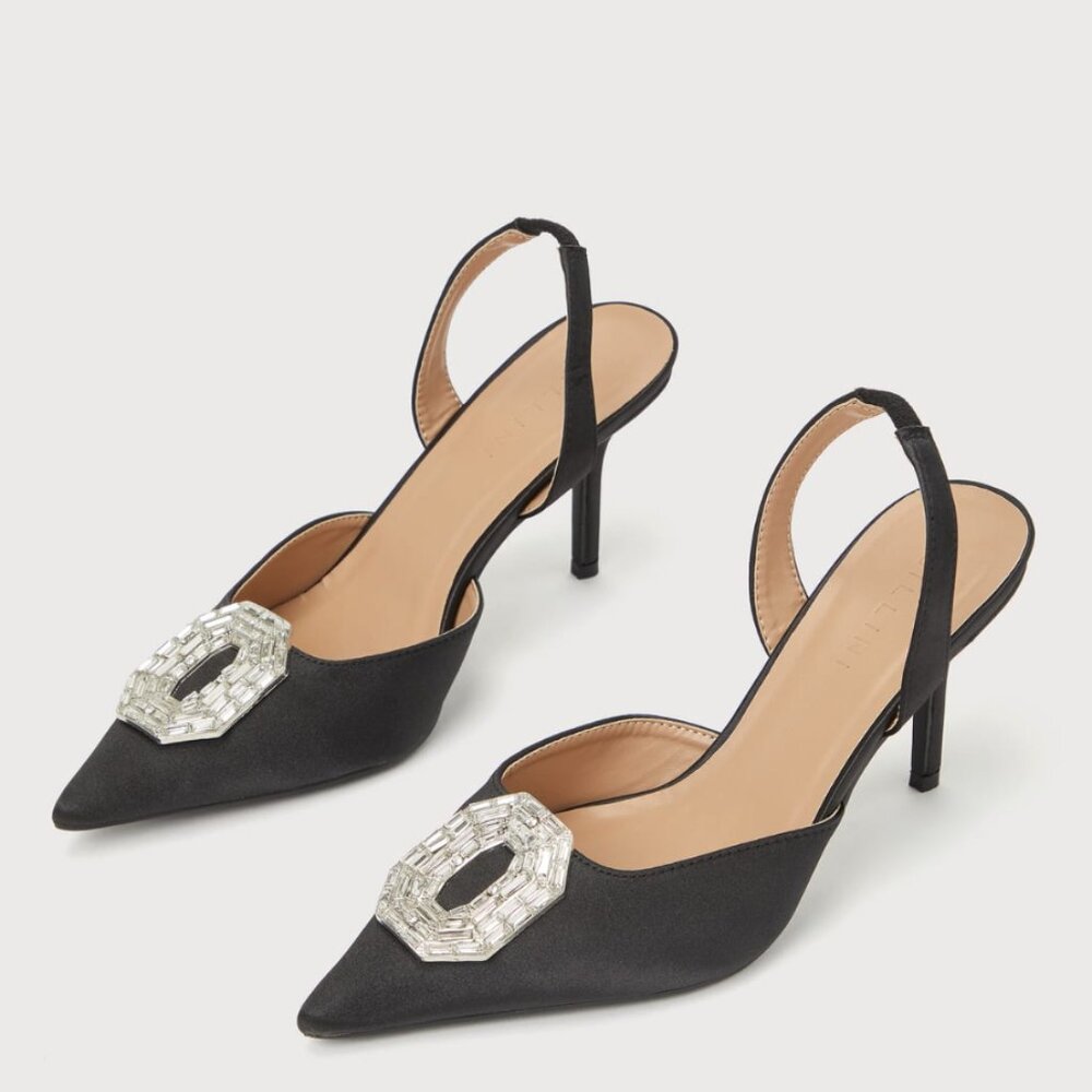 Katie Black Satin Rhinestone Slingback Pointed-Toe Pumps Billini